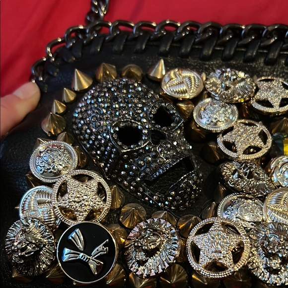 Black Shoulder Bag with Decorative Embellishments and Chain Strap - Picture 2 of 7